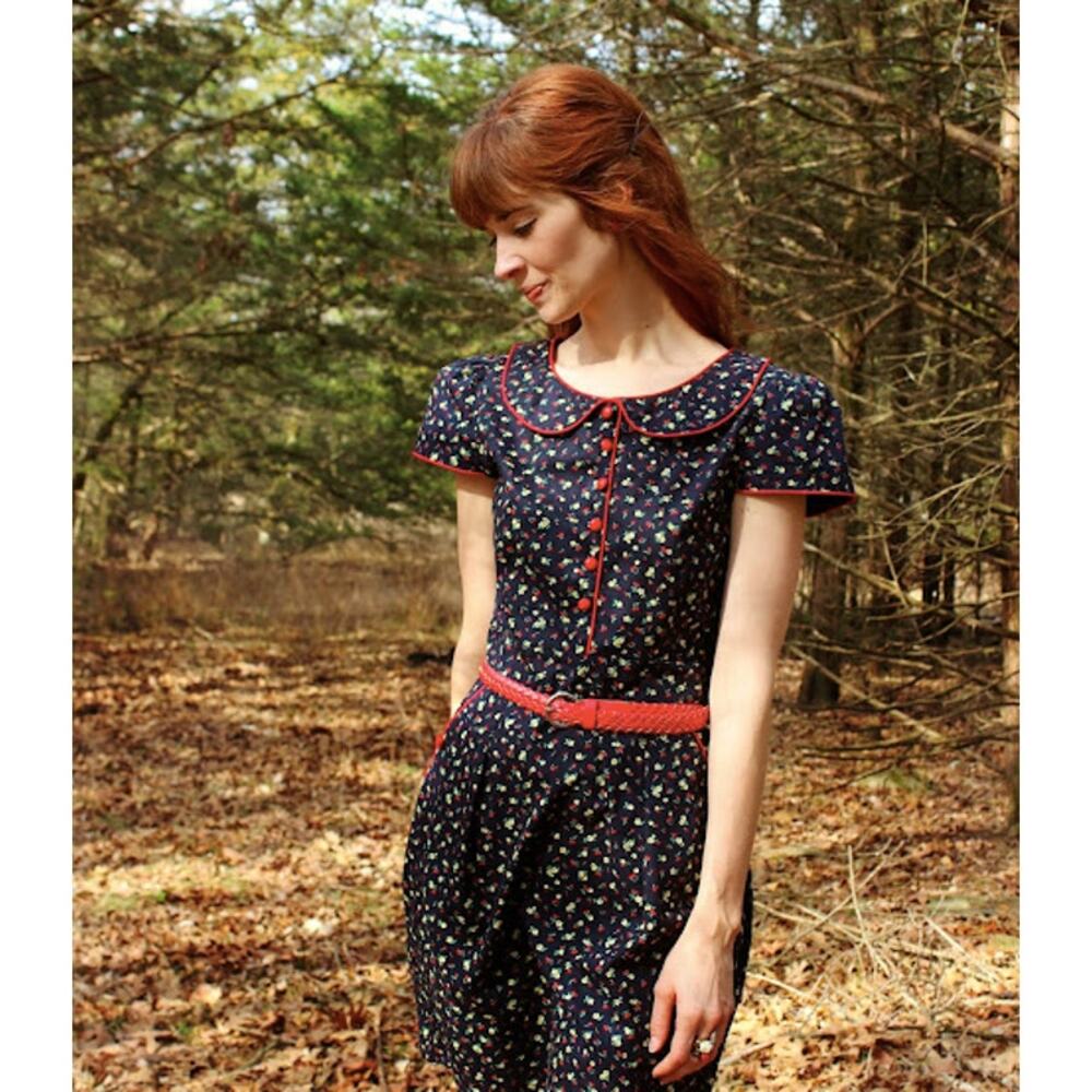 Trollied Dolly Vintage Style Cherry Print collared mini dress size S pinup retro